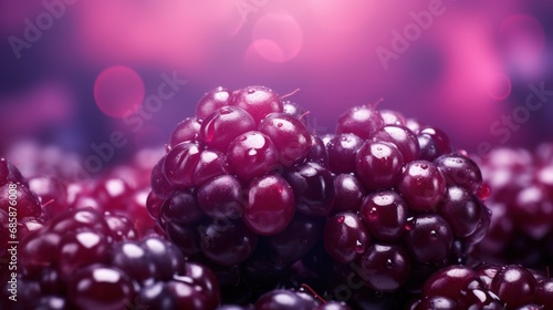  a close up of a bunch of cherries on a purple and pink background with a blurry light in the middle of the image and a blurry background.