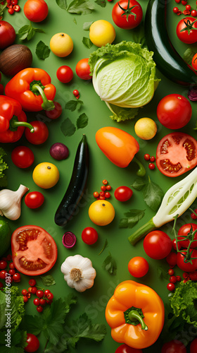Layout of vegetables on a green background with space for text and design.