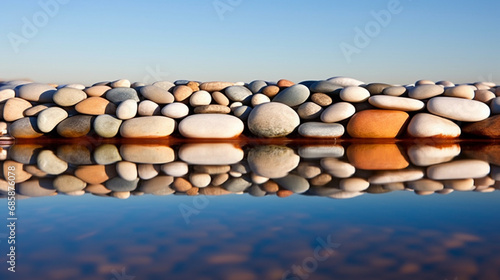 Pebble Reflections: Showcase white pebbles arranged near a reflective surface, capturing their beauty as they mirror in the calm water