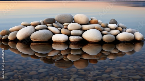 Pebble Reflections: Showcase white pebbles arranged near a reflective surface, capturing their beauty as they mirror in the calm water