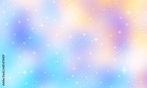 Glittering gradient background with hologram effect and magic lights. Holographic abstract fantasy backdrop with fairy sparkles  gold stars and festive