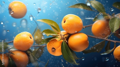  a bunch of oranges sitting on top of a tree branch with leaves and water droplets on the surface of the picture and behind them is a branch with leaves and water droplets.