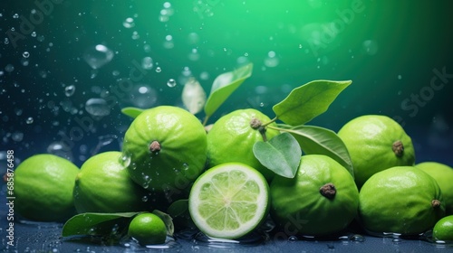 a pile of limes sitting on top of a table next to a slice of lime with a green leaf on top of it and water droplets on the surface.