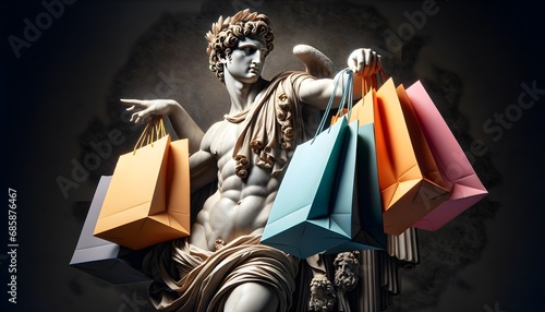 Greek statue with shopping bags in its hands, Big sales concept  photo