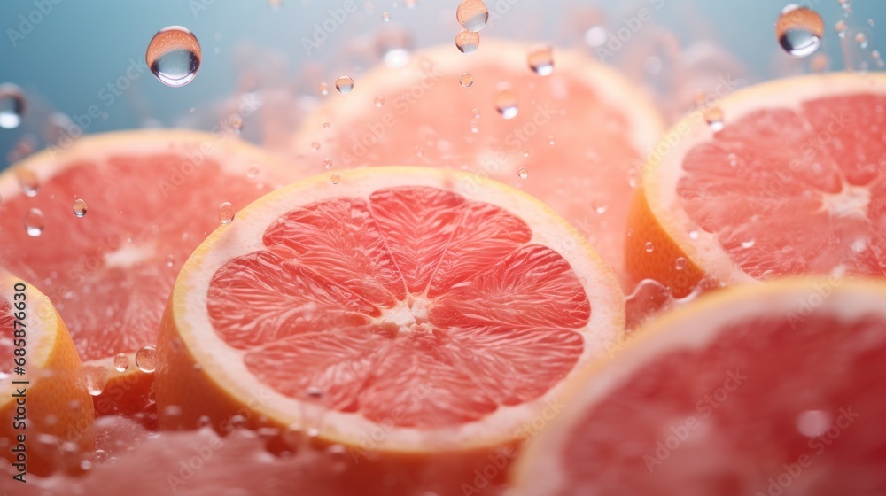 a close up of a grapefruit cut in half with water droplets on the top of the grapefruit and on the bottom of the grapefruit. a close up of a grapefruit cut in half with water droplets on the top of the grapefruit and on the bottom of the grapefruit.