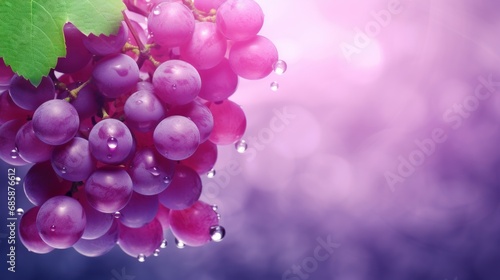  a close up of a bunch of grapes on a branch with water droplets on it and a green leaf on the top of the branch, on a purple background of a blurry sky.
