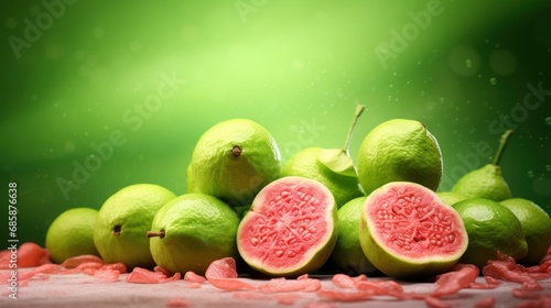  a pile of green fruit sitting on top of a table next to a slice of watermelon and another piece of fruit on top of the other fruit on the table.