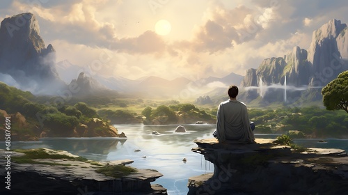 Individuals meditating in tranquil landscapes