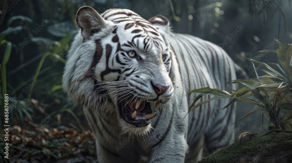 Close up of a white tiger in the jungle. (Panthera tigris altaica). Big Cat. Tiger. Wildlife Concept.