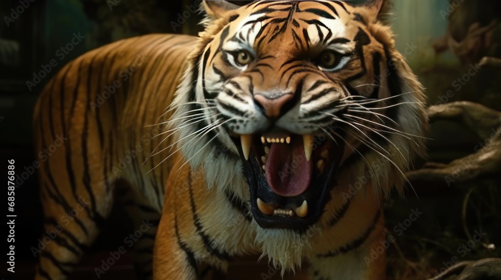 Close up of a tiger roaring in a zoo. (Panthera tigris altaica). Big Cat. Tiger. Wildlife Concept.