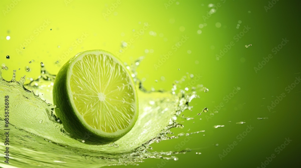 a lime that is in the water with a slice of lime in the middle of the water with bubbles on the side of the fruit and on the top of the water. a lime that is in the water with a slice of lime in the middle of the water with bubbles on the side of the fruit and on the top of the water.