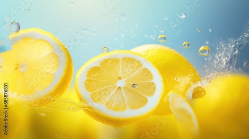  a group of lemons with water splashing off of the top and bottom of the lemons on the bottom of the picture, with a blue sky in the background.