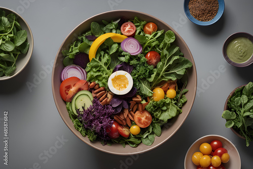 Colorful salad bowl filled with fresh greens, vibrant vegetables, and lean proteins. Emphasizing the variety of textures and colors, showcasing the appeal of nutritious ingredients.