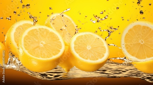  a group of lemons sitting on top of a table next to a splash of water on top of a yellow surface with a black and white pattern on the bottom.