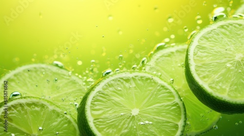 a group of limes sitting on top of a green surface with water droplets on the top of the slices and the bottom half of the whole lime in the middle.