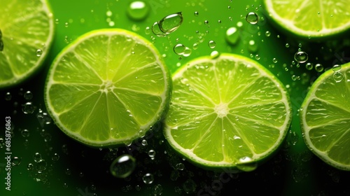 a group of limes sitting on top of a table covered in drops of water on top of a green surface with drops of water on the top of the surface.