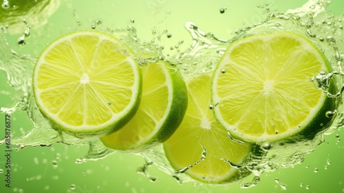  three limes cut in half with water splashing around them on a green background with a splash of water on the top and bottom of the whole limes.