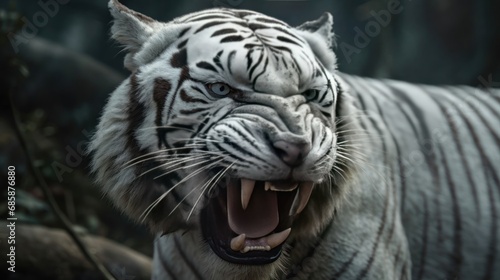 Close-up of a white tiger with open mouth in the zoo. Big Cat. Tiger. Wildlife Concept. © John Martin