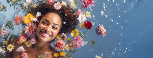 Portrait of a young, smiling woman lying in shallow water with floating flowers. Skin care beauty, skincare cosmetics, spa concept. copy space.