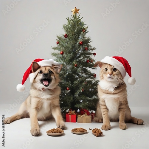 christmas dog and cat wearing santa hats trying to destroy christmas tree on a white background. balls in their mouths created with generative ai  © Chaudhry