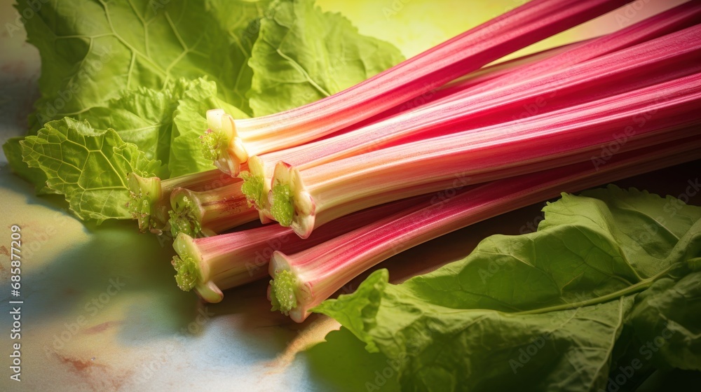  a bunch of celery sitting on top of a table next to a leafy green leafy leafy leafy green leafy plant on a white surface.