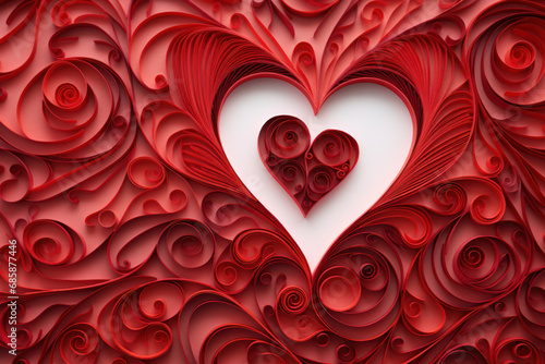 red Heart made of Quilling Paper. Valentine Day background. Generative AI