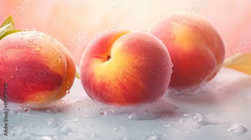 a group of three peaches sitting on top of a table next to each other with water droplets on the surface and on top of them are three peaches.
