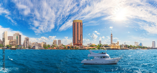 Boat in the Nile near Gezira Island, beautiful panorama of Cairo, Egypt