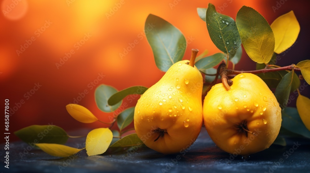  a close up of two pears on a branch with leaves and water droplets on the top of the pears, with a red background of yellow and green leaves.