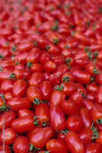 A lot of freshly harvested tomatoes on a market stall, closeup, vertical, background