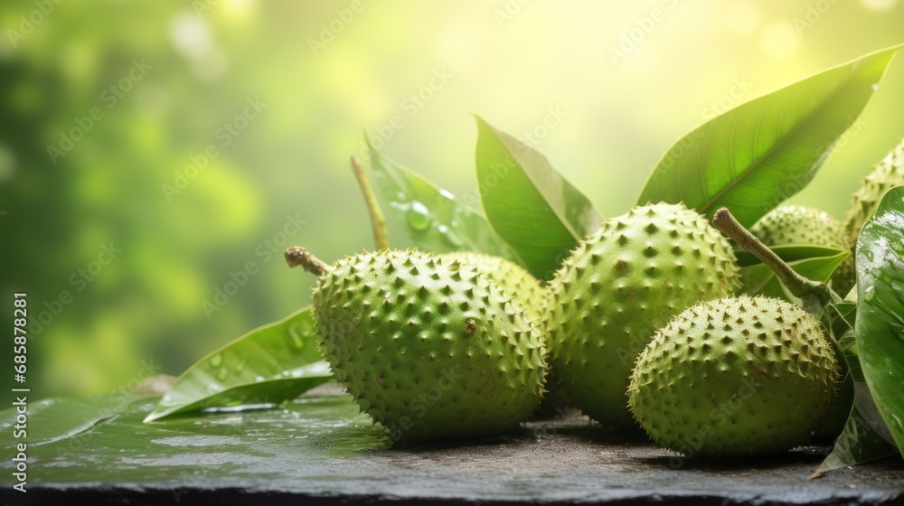 a group of fruit sitting on top of a leafy green leaf covered table top next to a leafy green leafy green plant on a sunny day in the background. a group of fruit sitting on top of a leafy green leaf covered table top next to a leafy green leafy green plant on a sunny day in the background.