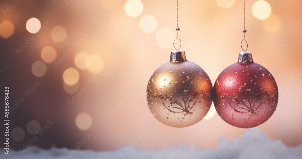 two christmas baubles hanging from a string in front of a boket of snow and a boket of boke of lights in the background. two christmas baubles hanging from a string in front of a boket of snow and a boket of boke of lights in the background.