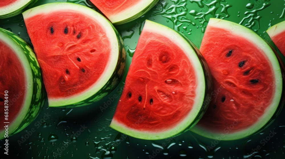 a group of slices of watermelon sitting next to each other on a window sill with drops of water on the glass and on top of the water. a group of slices of watermelon sitting next to each other on a window sill with drops of water on the glass and on top of the water.