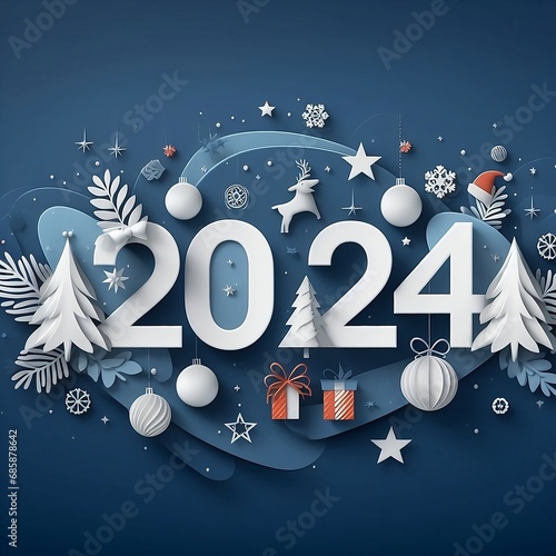 Happy New Year banner and christmas , 2024 number creative style Christmas tree, ball, snow created with generative ai