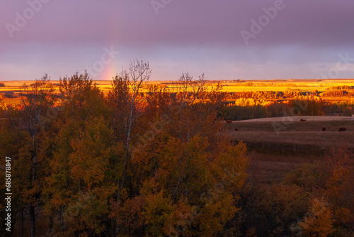 Sunrise with rainbow over the prairies