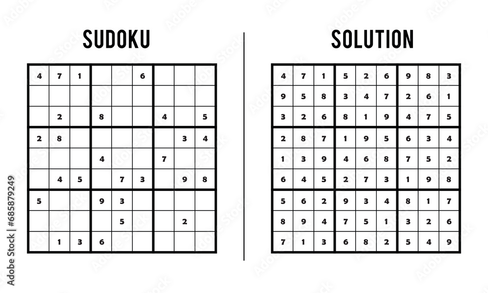 Sudoku Puzzles for Kids and Adults, Game With Solution, Magic Square. Logic puzzle game. Digital rebus Sudoku Puzzles for Kids and Adults, Game With Solution, Magic Square. Logic puzzle game. Digital rebus