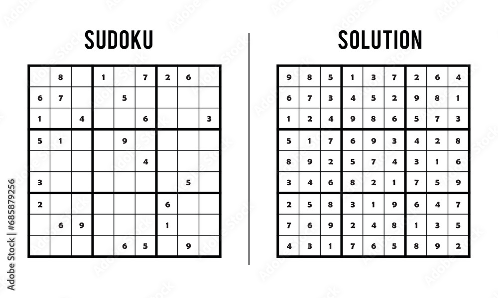 Sudoku Puzzles for Kids and Adults, Game With Solution, Magic Square. Logic puzzle game. Digital rebus Sudoku Puzzles for Kids and Adults, Game With Solution, Magic Square. Logic puzzle game. Digital rebus