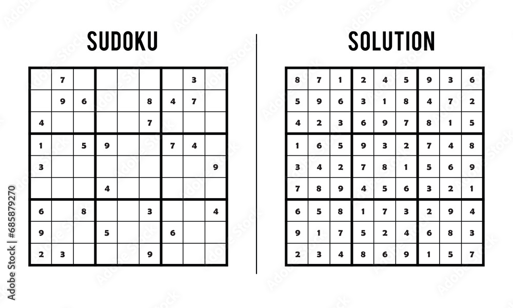 Sudoku Puzzles for Kids and Adults, Game With Solution, Magic Square. Logic puzzle game. Digital rebus