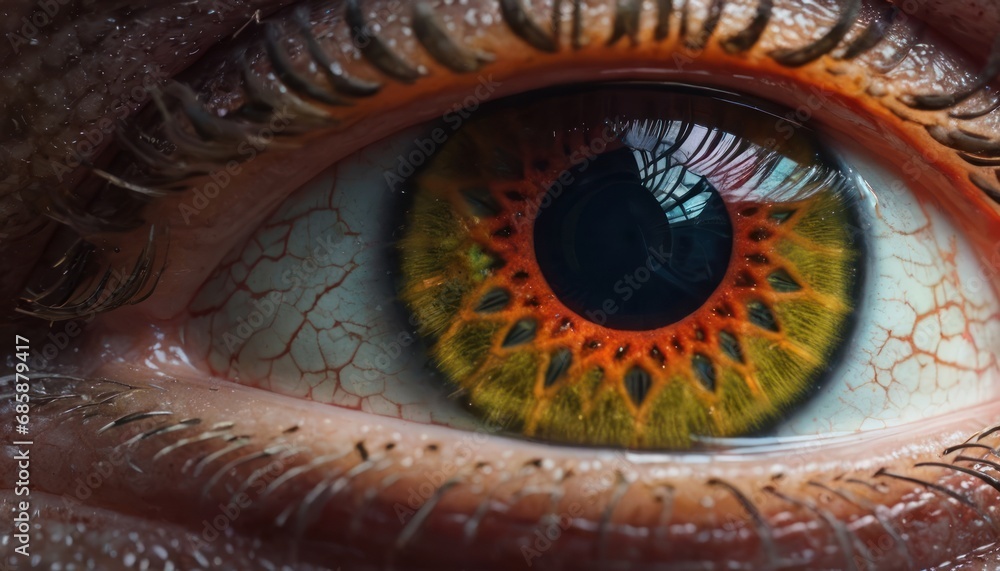  a close up of a person's eye looking at the camera with an eye contact lens on their face.