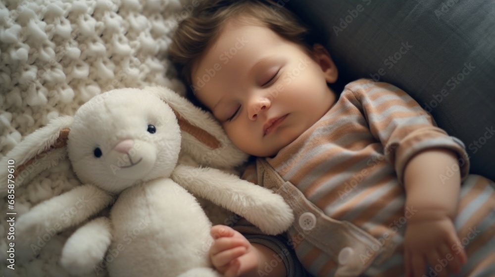 An infant peacefully sleeps on a modern couch with a tiny plush toy. An infant peacefully sleeps on a modern couch with a tiny plush toy.