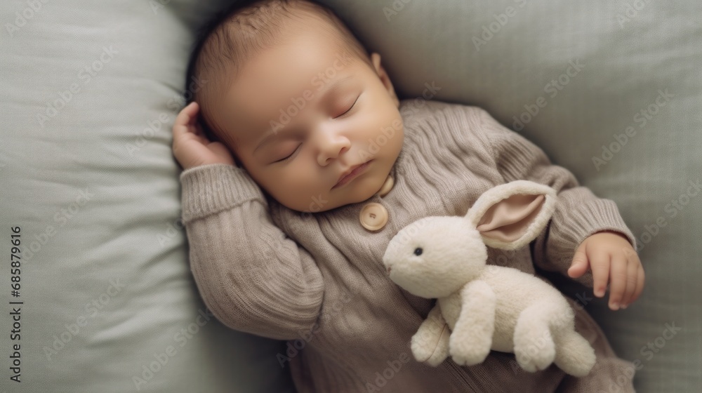 Infant peacefully sleeps on a modern couch with a plush bunny. Infant peacefully sleeps on a modern couch with a plush bunny.