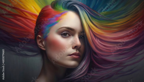 A woman with colorful hair and makeup, surrounded by a vibrant rainbow background.