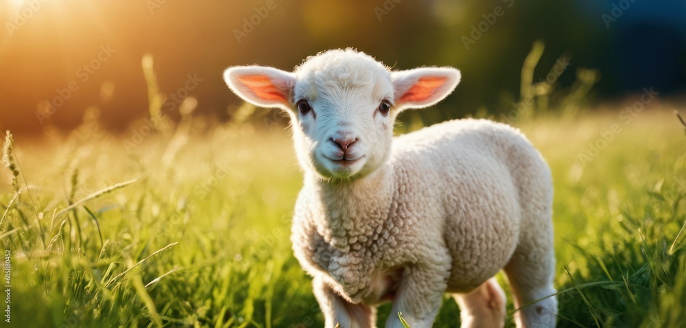 a sheep standing on top of a field next to a field of grass and a field with a sky in the background. a sheep standing on top of a field next to a field of grass and a field with a sky in the background.