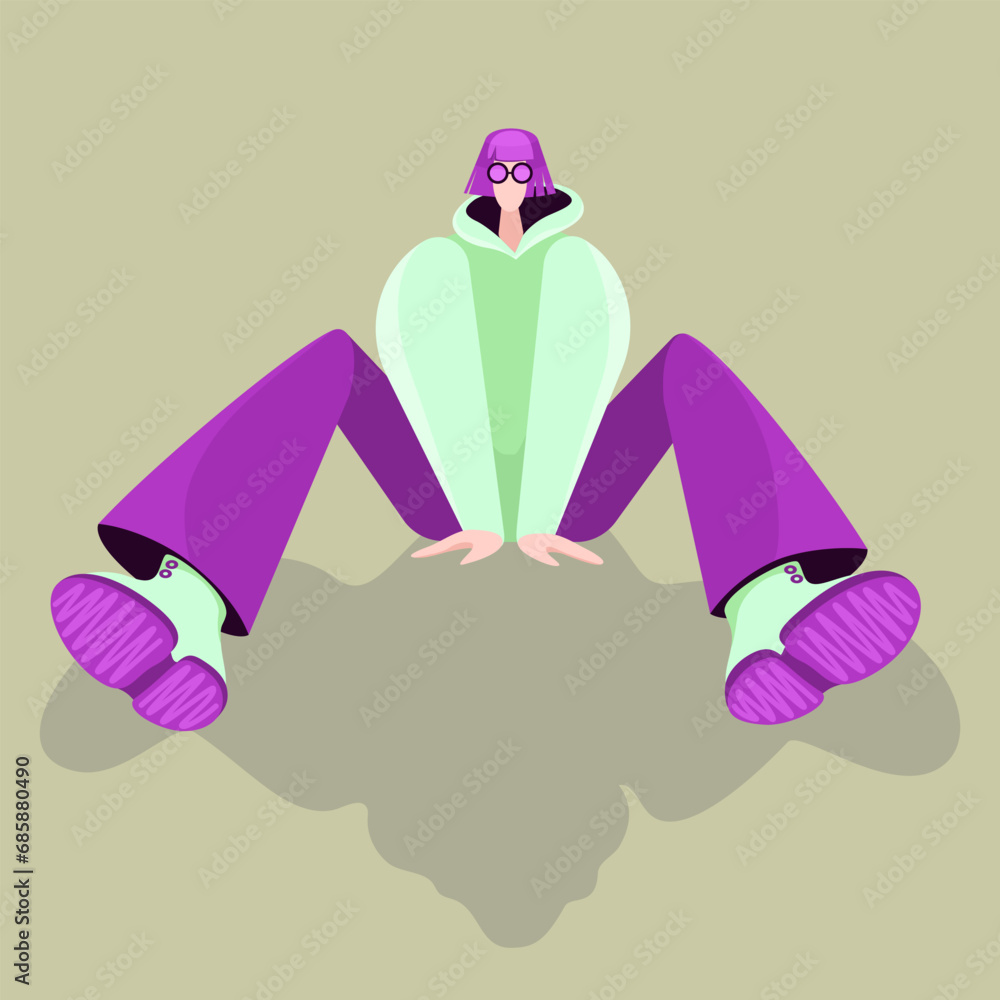 Abstract image of a girl in a bright hoodie and pants sitting on the floor. - obrazy, fototapety, plakaty 