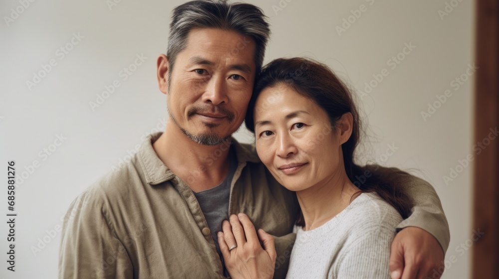 An Asian couple in their middle years, finding comfort in each other's arms indoors. An Asian couple in their middle years, finding comfort in each other's arms indoors.