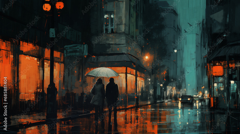 a painting of a couple walking in the city at night - wet and rainy a painting of a couple walking in the city at night - wet and rainy