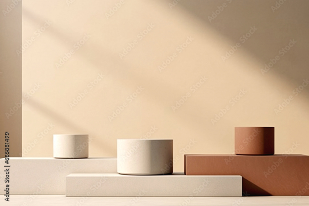 Neutral Toned Display Podiums. Elegant Composition. Perfect For Highlighting Skincare, Handcrafted Goods, Or Art Pieces. Warm Sunlit Background Neutral Toned Display Podiums. Elegant Composition. Perfect For Highlighting Skincare, Handcrafted Goods, Or Art Pieces. Warm Sunlit Background