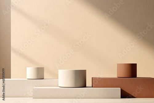 Neutral Toned Display Podiums. Elegant 3D Composition. Perfect For Highlighting Skincare  Handcrafted Goods  Or Art Pieces. Warm Sunlit Background. AI Generated