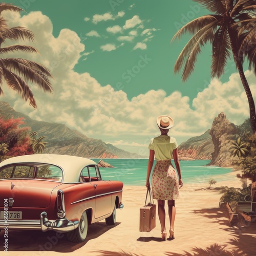 Young Woman Standing by Palm Tree on Tropical Beach