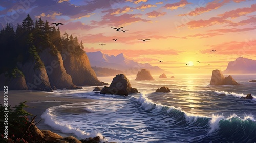 Heavenly Sunset Surfing on Panoramic Coastal Landscape © AzherJawed